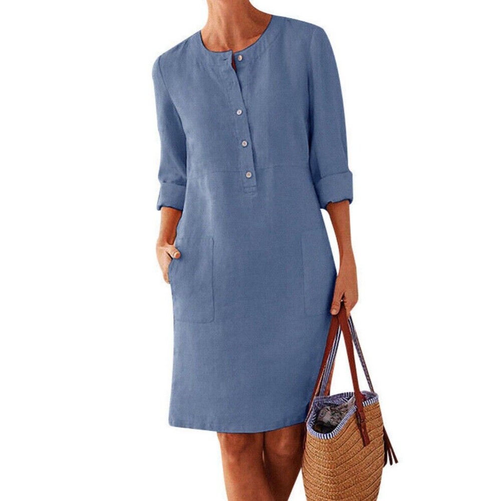 Shirt Dress NWT Blue Poly/Cotton Crinkle 1/2 Button Roll Up Sleeves Pockets Sz L